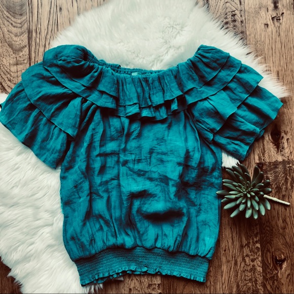 Turquoise Haven Tops - Ruffled Sleeve Off the Shoulder Top